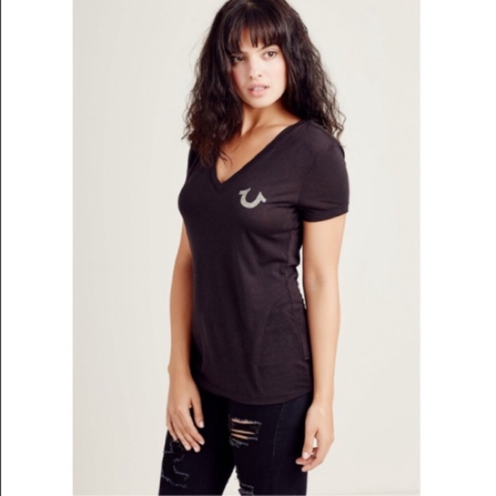 True Religion V Neck Logo Tee Black NWT